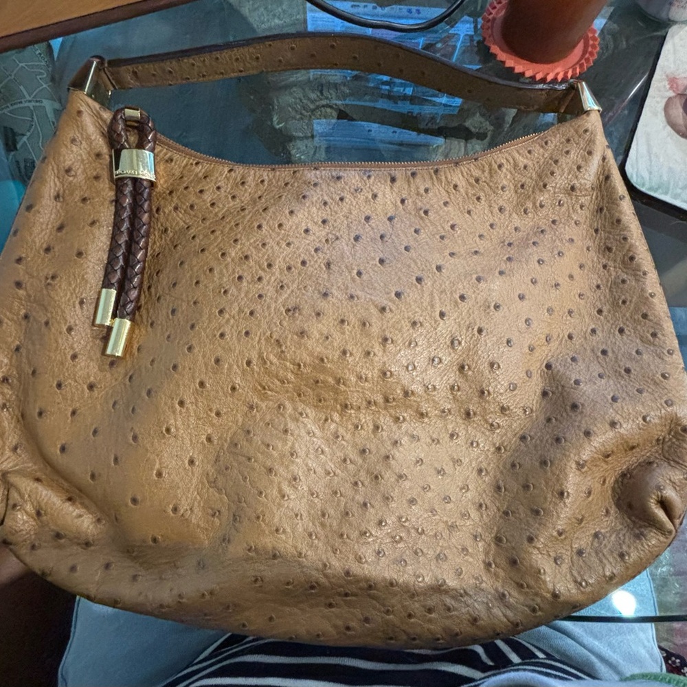 Michael Kors Skorpios Ostrich-Textured Shoulder Hobo with Braided Tassel